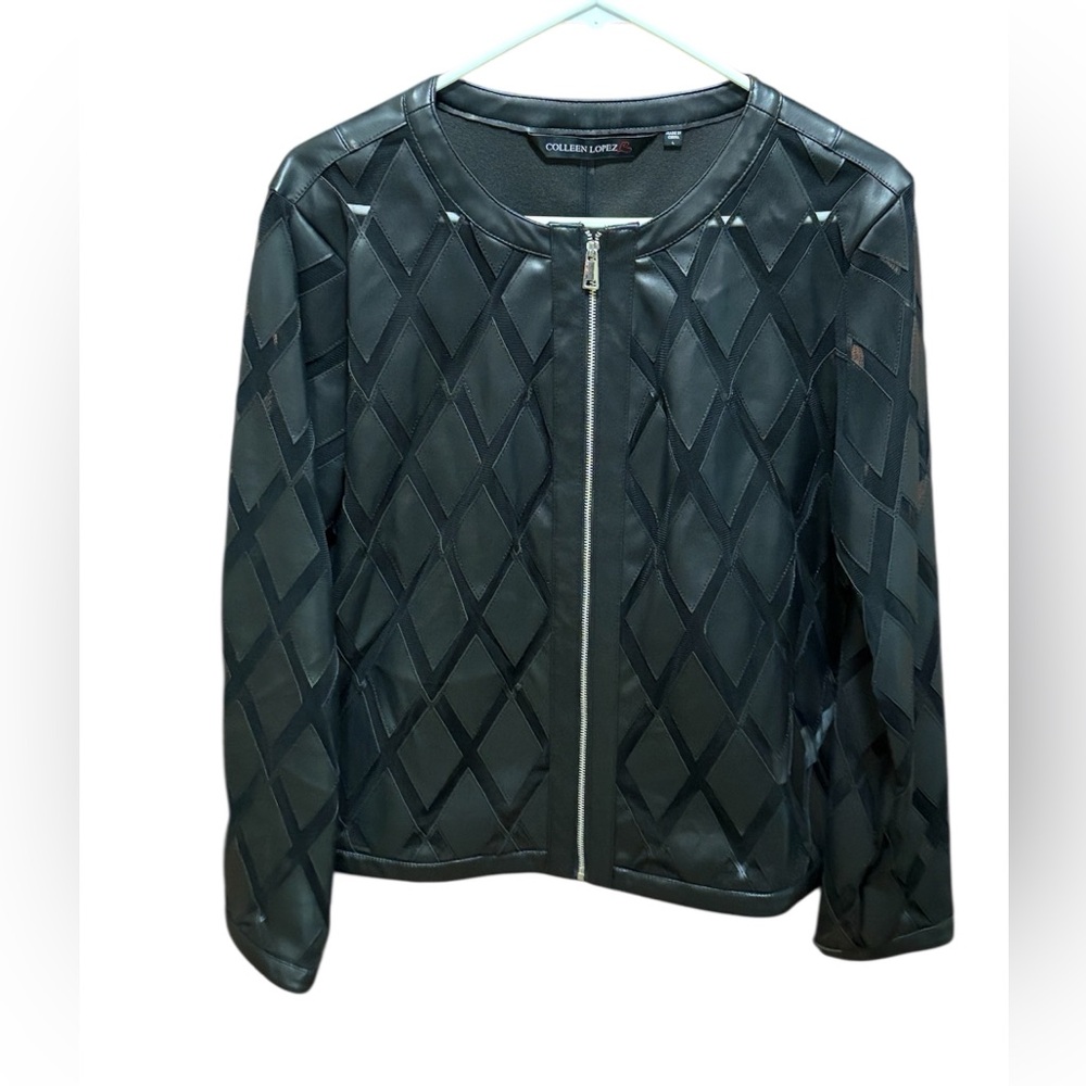 Colleen Lopez Black Faux Leather Mesh Diamond Pattern Jacket L